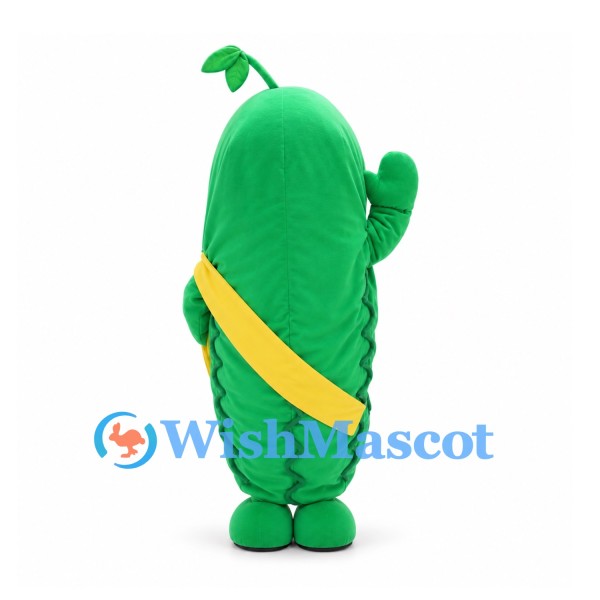 Cucumber Mascot Costume in Green with Yellow Sash