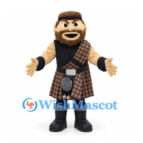 Highlander Mascot Costume with Brown Beard and Tartan Kilt