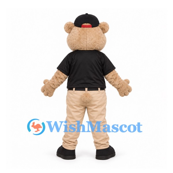 Bear Mascot Costume in Cream with Black Polo Shirt and Beige Trousers