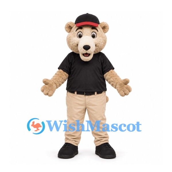 Bear Mascot Costume in Cream with Black Polo Shirt and Beige Trousers