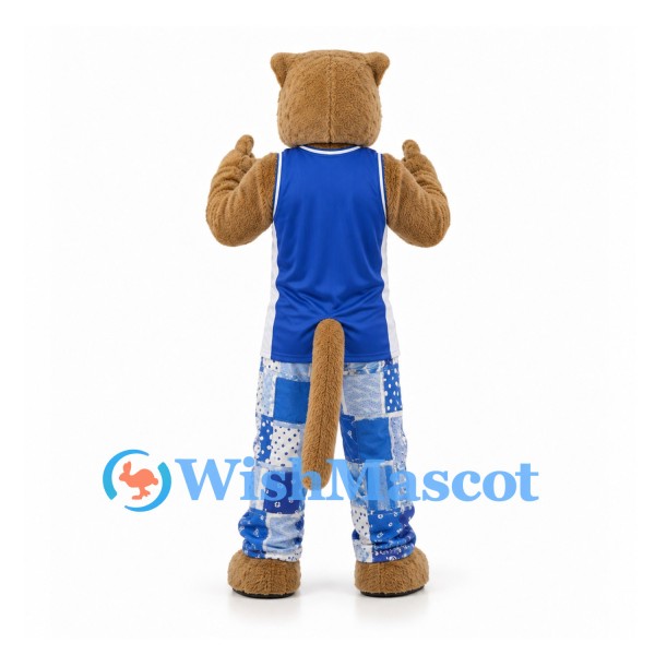 Cougar Mascot Costume in Tan with Blue Jersey and Patchwork Trousers