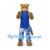 Cougar Mascot Costume in Tan with Blue Jersey and Patchwork Trousers