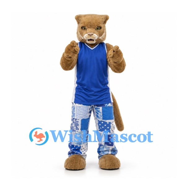 Cougar Mascot Costume in Tan with Blue Jersey and Patchwork Trousers