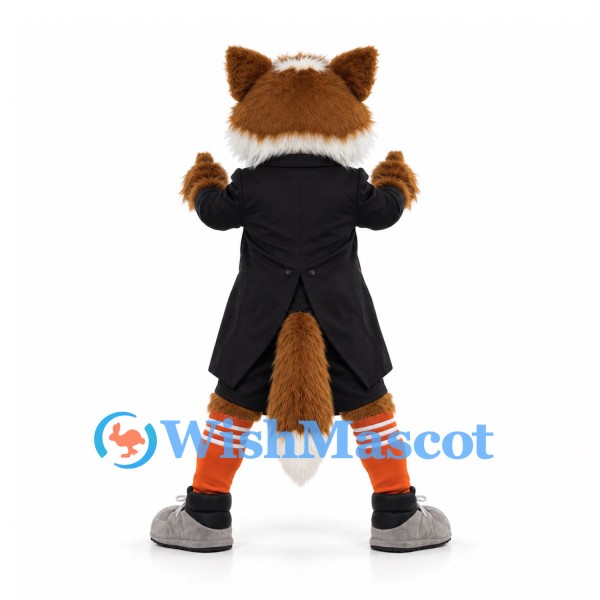 Fox Mascot Costume in Black Tailcoat with Orange Bow Tie