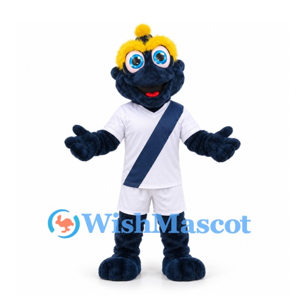 Monster Mascot Costume in Navy with Yellow Hair and White Sports Uniform