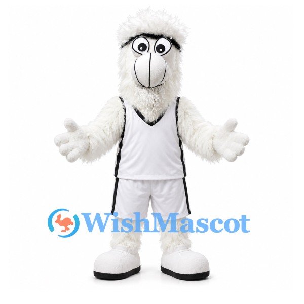 Furry Character Mascot Costume in White with Tall Cylindrical Head and Sports Uniform