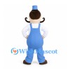 Man Mascot Costume with Curled Mustache Blue Overalls and Cap