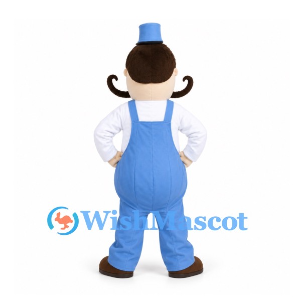 Man Mascot Costume with Curled Mustache Blue Overalls and Cap