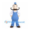 Man Mascot Costume with Curled Mustache Blue Overalls and Cap