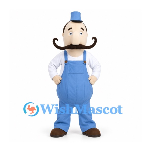 Man Mascot Costume with Curled Mustache Blue Overalls and Cap