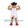 Bobcat Mascot Costume in Tan with White Basketball Uniform and Navy Hat