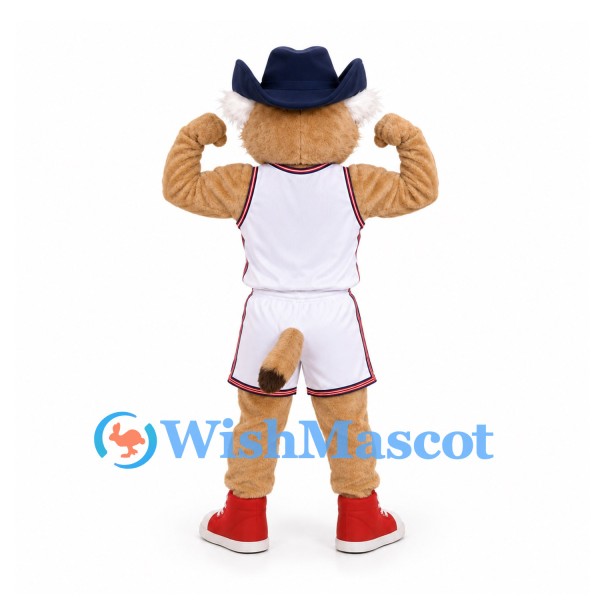 Bobcat Mascot Costume in Tan with White Basketball Uniform and Navy Hat