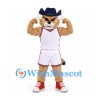 Bobcat Mascot Costume in Tan with White Basketball Uniform and Navy Hat