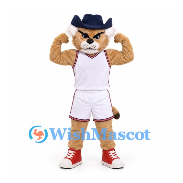 Bobcat Mascot Costume in Tan with White Basketball Uniform and Navy Hat