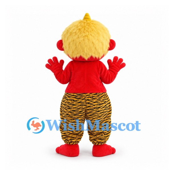 Monster Mascot Costume in Red with Yellow Hair and Tiger Stripe Trousers