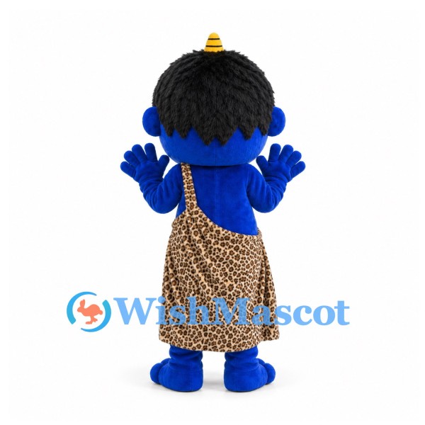 Monster Mascot Costume in Blue with Black Hair and Leopard Print Tunic