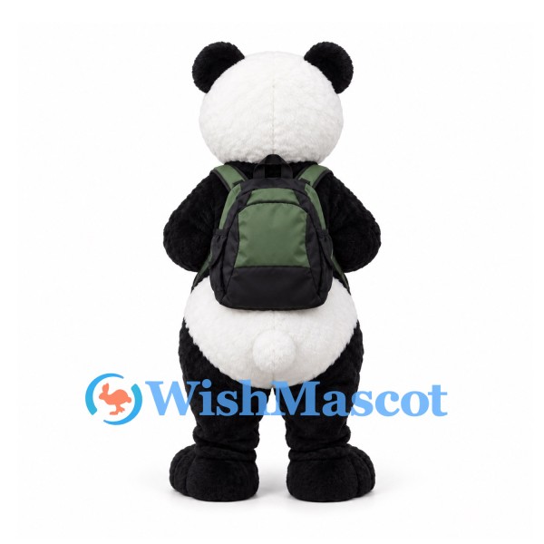 Panda Mascot Costume in Black and White with Green Backpack