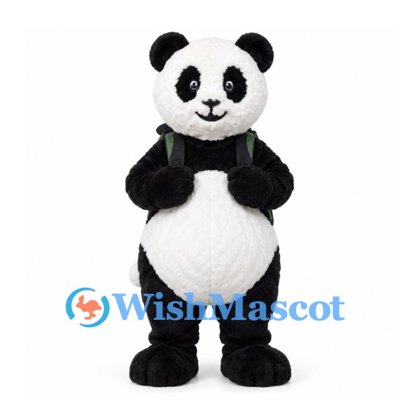 Panda Mascot Costume in Black and White with Green Backpack