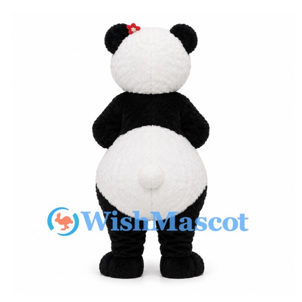 Panda Mascot Costume in Black and White with Red Flower