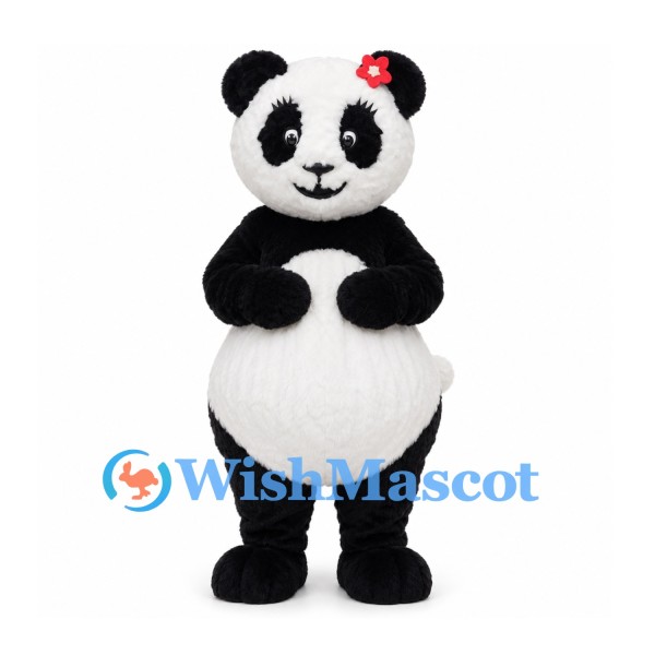 Panda Mascot Costume in Black and White with Red Flower