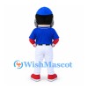 Man Mascot Costume with Gray Mustache Blue Baseball Jersey and White Trousers