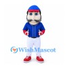 Man Mascot Costume with Gray Mustache Blue Baseball Jersey and White Trousers