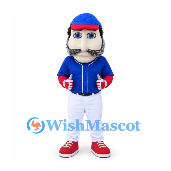 Man Mascot Costume with Gray Mustache Blue Baseball Jersey and White Trousers