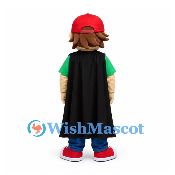 Boy Mascot Costume in Green Shirt with Red Cap and Black Cape