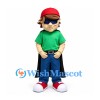 Boy Mascot Costume in Green Shirt with Red Cap and Black Cape