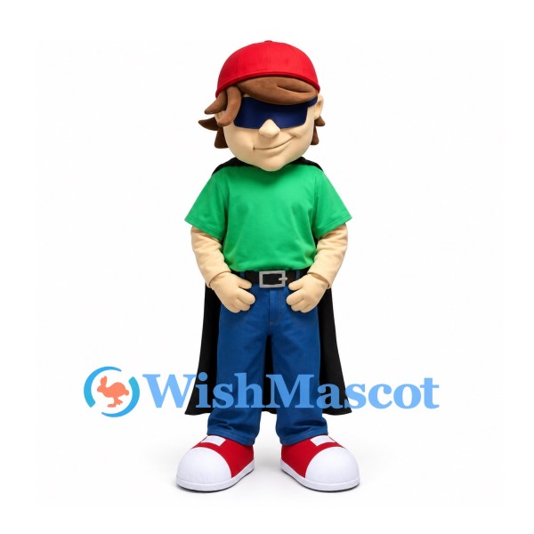 Boy Mascot Costume in Green Shirt with Red Cap and Black Cape