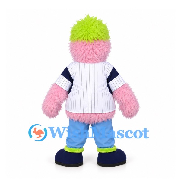 Monster Mascot Costume in Pink with Green Hair and White Sports Shirt