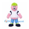 Monster Mascot Costume in Pink with Green Hair and White Sports Shirt