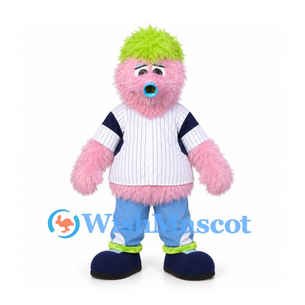 Monster Mascot Costume in Pink with Green Hair and White Sports Shirt