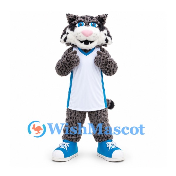 Snow Leopard Mascot Costume in Gray with White Sports Uniform