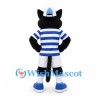 Cat Mascot Costume in Black with Blue Striped Shirt and White Shorts