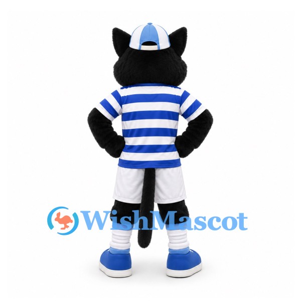Cat Mascot Costume in Black with Blue Striped Shirt and White Shorts