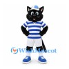 Cat Mascot Costume in Black with Blue Striped Shirt and White Shorts