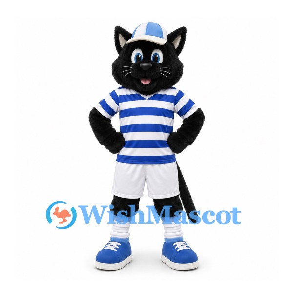 Cat Mascot Costume in Black with Blue Striped Shirt and White Shorts
