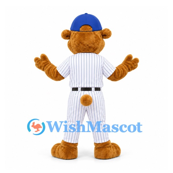 Bear Mascot Costume in Gold with White Pinstriped Baseball Uniform