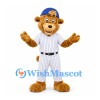 Bear Mascot Costume in Gold with White Pinstriped Baseball Uniform