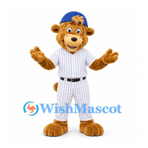 Bear Mascot Costume in Gold with White Pinstriped Baseball Uniform