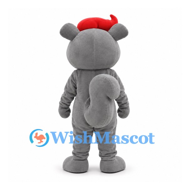 Mouse Mascot Costume in Gray with Cream Belly and Red Hair Tuft