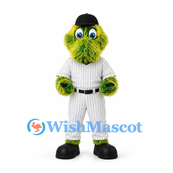 Monster Mascot Costume in Green with White Pinstriped Baseball Uniform