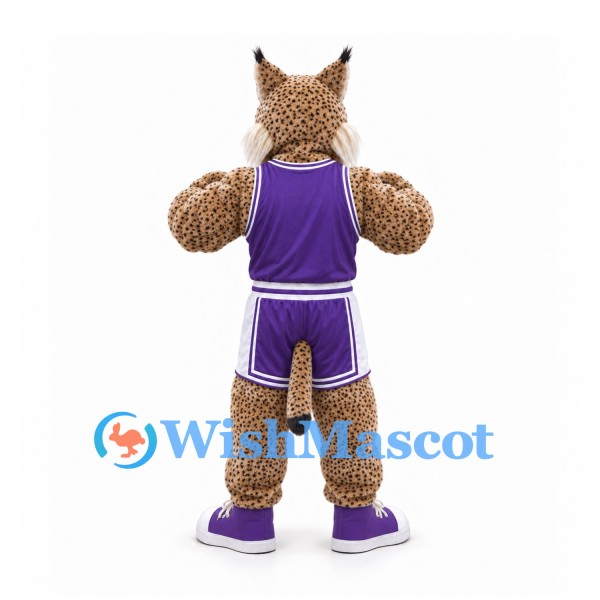 Lynx Mascot Costume in Tan with Purple Basketball Uniform