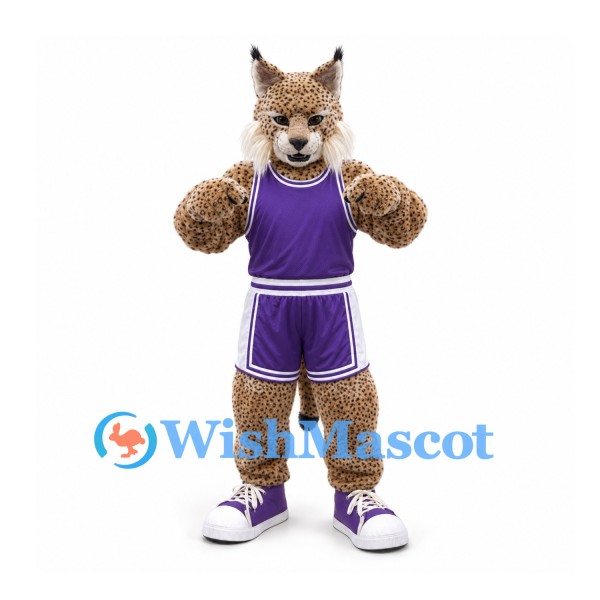 Lynx Mascot Costume in Tan with Purple Basketball Uniform