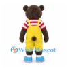 Bear Mascot Costume in Brown with Yellow Overalls and Striped Shirt