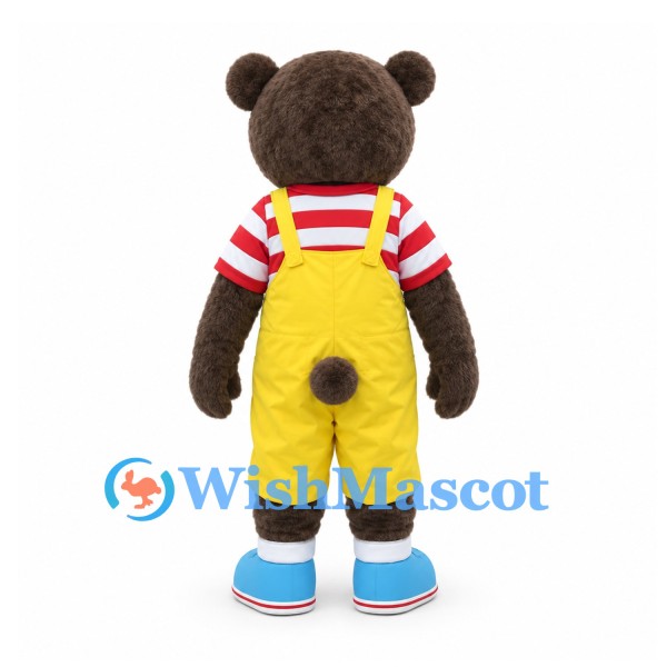 Bear Mascot Costume in Brown with Yellow Overalls and Striped Shirt