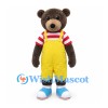 Bear Mascot Costume in Brown with Yellow Overalls and Striped Shirt