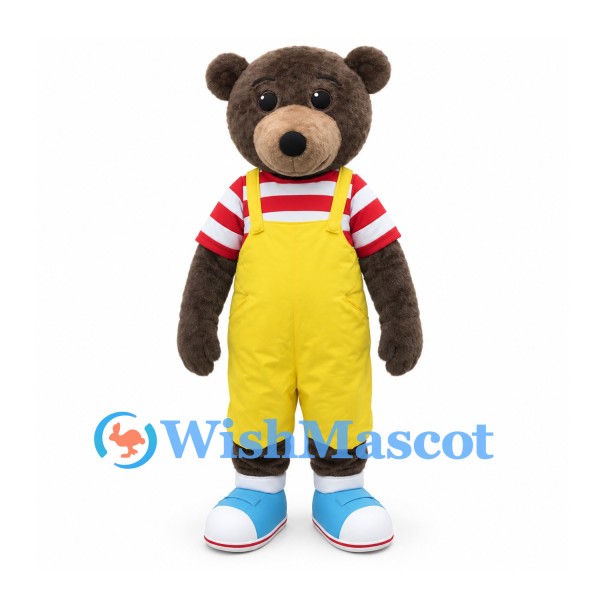 Bear Mascot Costume in Brown with Yellow Overalls and Striped Shirt