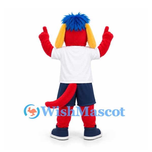 Monster Mascot Costume in Red with Blue Hair and White Sports Shirt